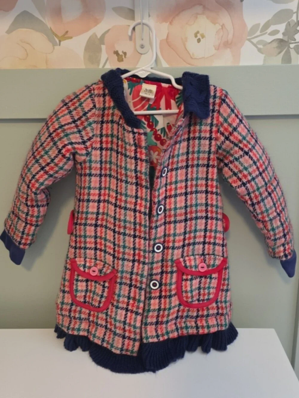 Wildflowers Size 4 Or 4t Christmas Winter Pink Plaid Pea Coat with Navy Trim